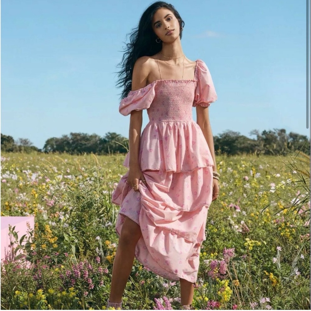 LoveShackFancy Pink Smocked Off-Shoulder Dress